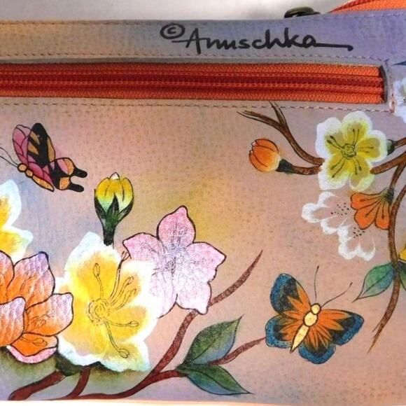 Anuschka Hand Painted Leather Japanese Garden RFID Organizer Crossbody Bag - Picture 5 of 10